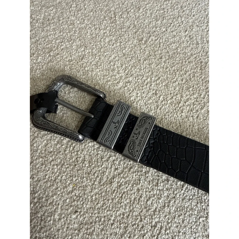 True Religion Palomo Western Belt Black Croc Embossed Silver Buckle Size 38 NWT